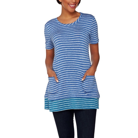 LOGO by Lori Goldstein Tops - LOGO Striped Knit Top with Contrast Trim